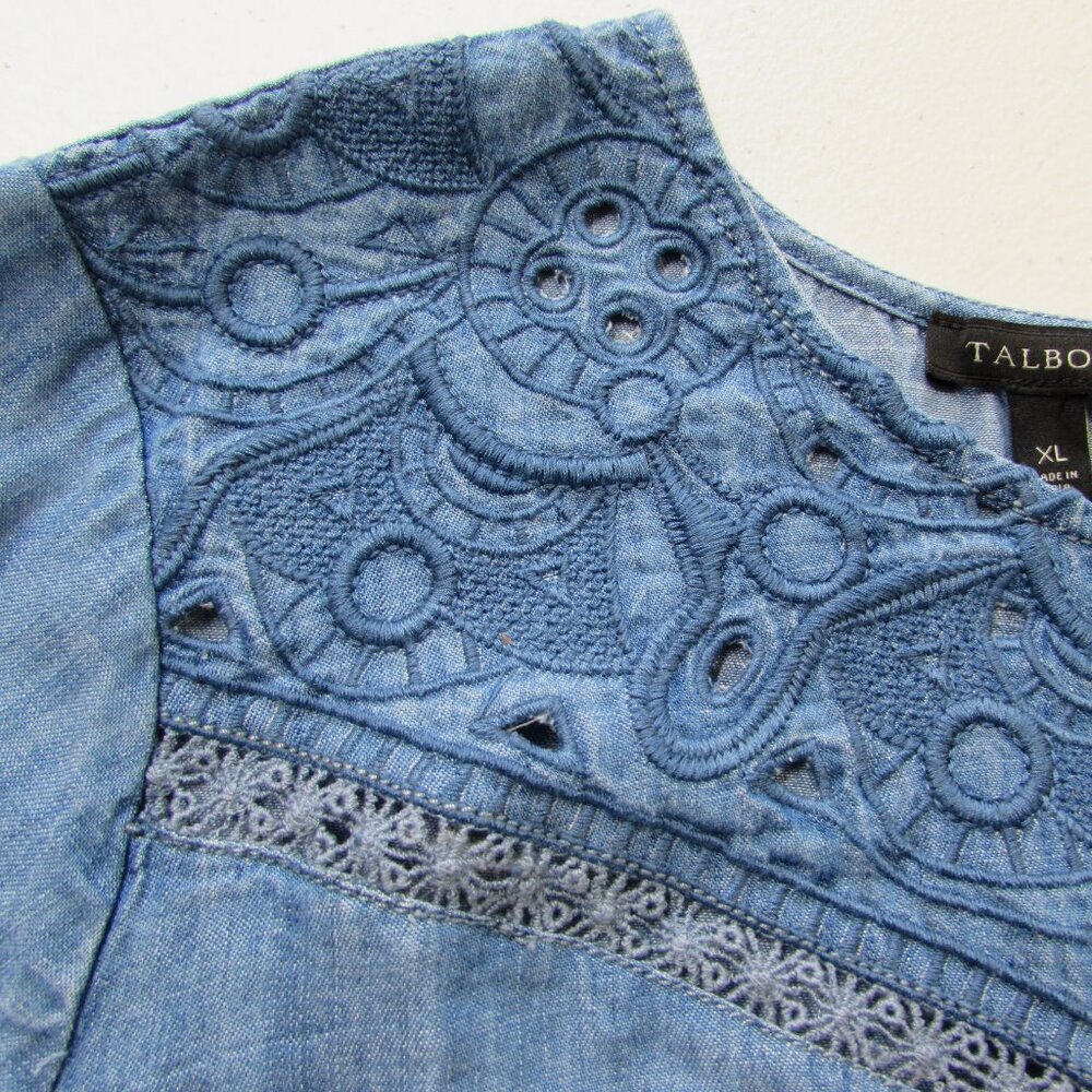 Talbots Embroidered Cut Out Chambray Blouse Tencel Denim Blue Size XL - Picture 9 of 16